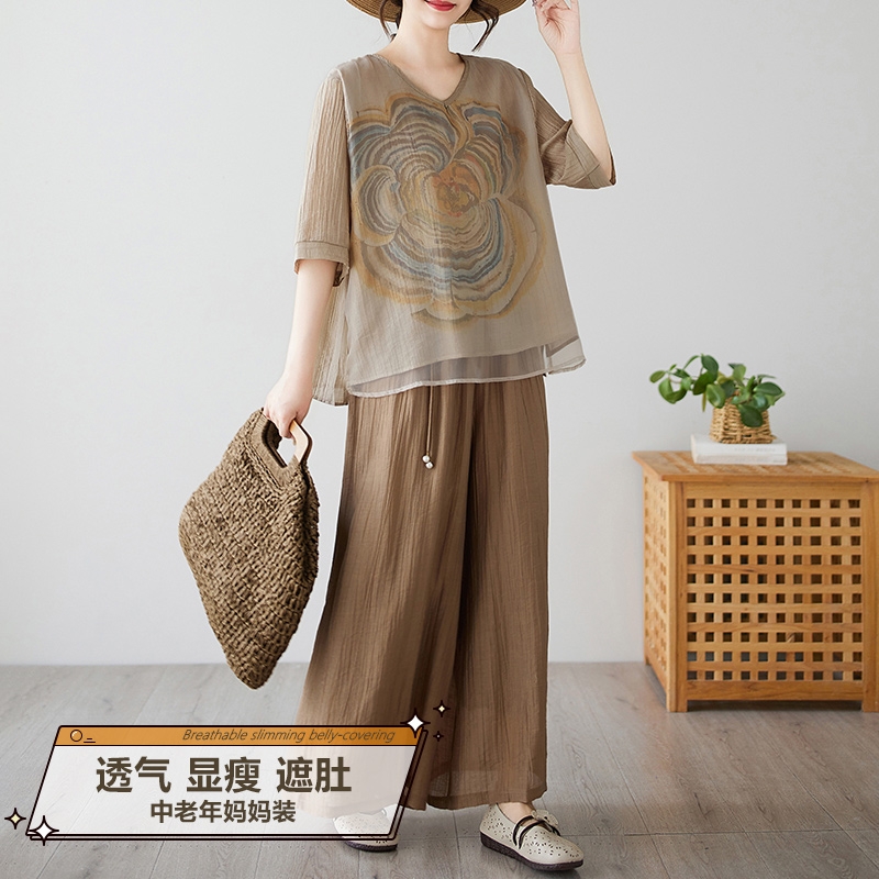 中老年女装妈妈夏装2025新款套装大码短袖休闲洋气棉麻两件套薄款