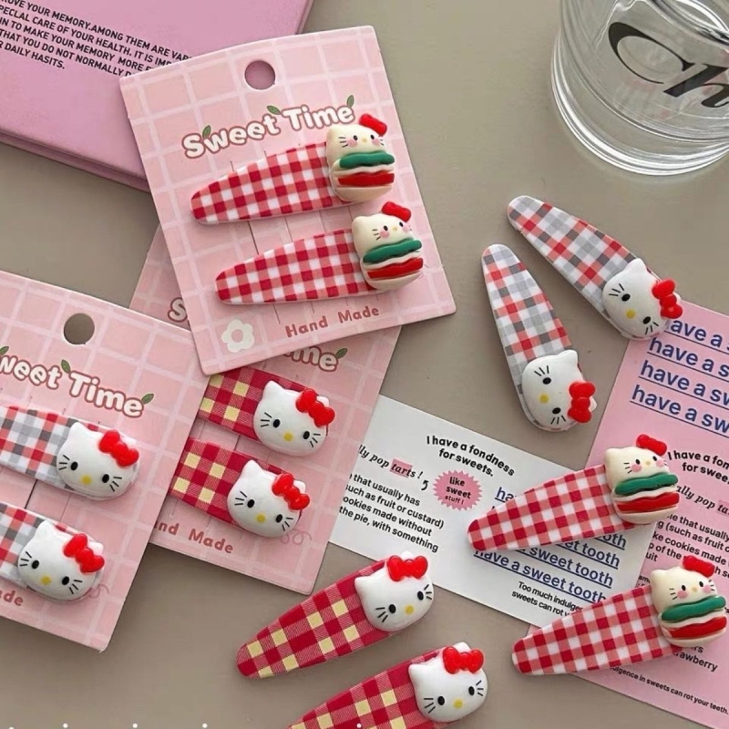 卡哇伊!2多巴胺穿搭可爱发夹helloKitty格子发卡侧边夹发饰kt猫