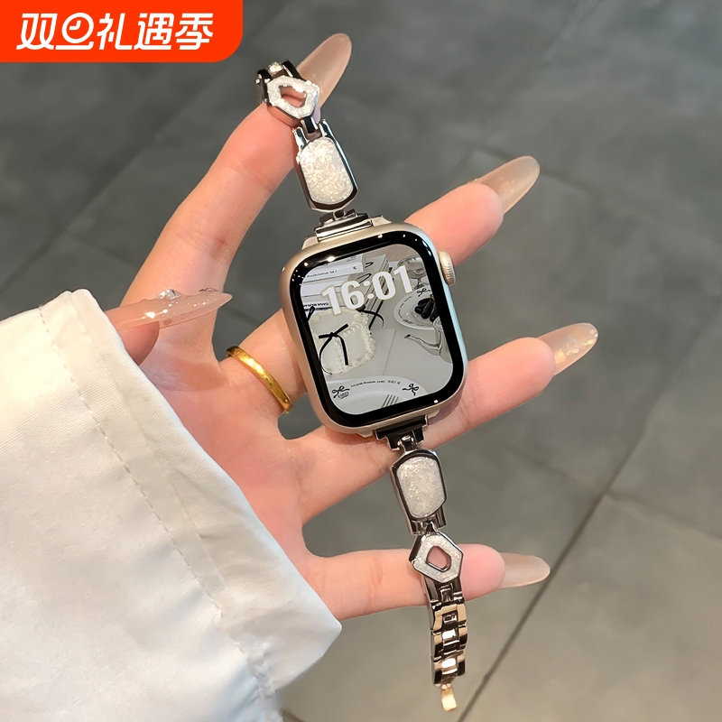适用iwatch表带夏季金属鎏金细闪表链智能高级苹果手表表带滴胶女表链applewatchs10表带小香风闺蜜同款