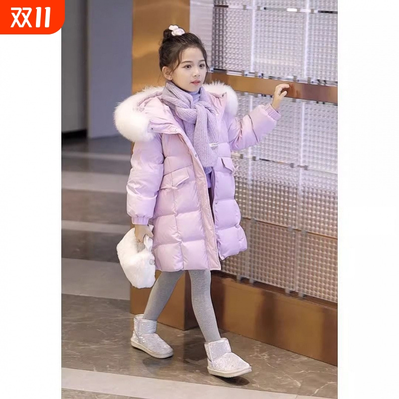韩版童装2025冬装新款女童中长款大毛领棉服加厚保暖羽绒棉衣外套
