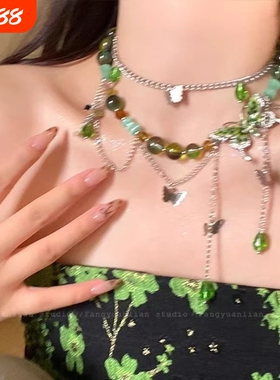 春夏季绿色蝴蝶流苏项链女2026新款高级小众锁骨链choker颈链
