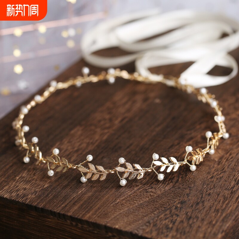 欧美新娘饰品合金叶子珍珠长款盘发发带婚礼伴娘简约发饰直销