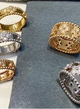 四叶草万花筒戒指女V金镀18k黄玫瑰金窄版宽版满钻轻奢小众高级感