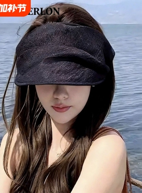 夏天帽子网纱帽子褶皱黑色空顶防晒帽女夏季防晒遮阳帽出游太阳帽