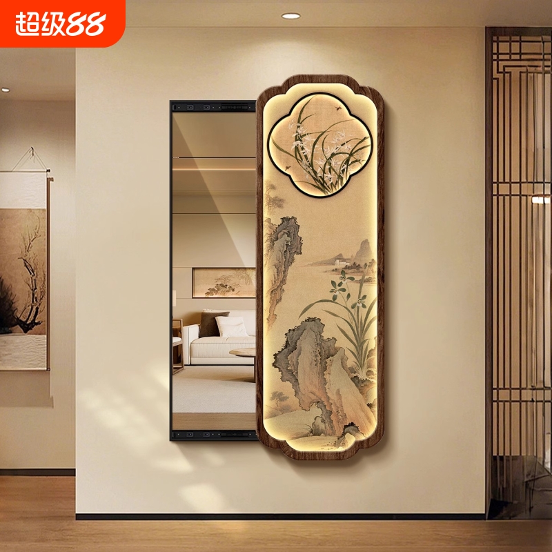 中古风隐藏全身镜装饰画客厅背景墙可关闭穿衣镜挂画出租屋镜子画
