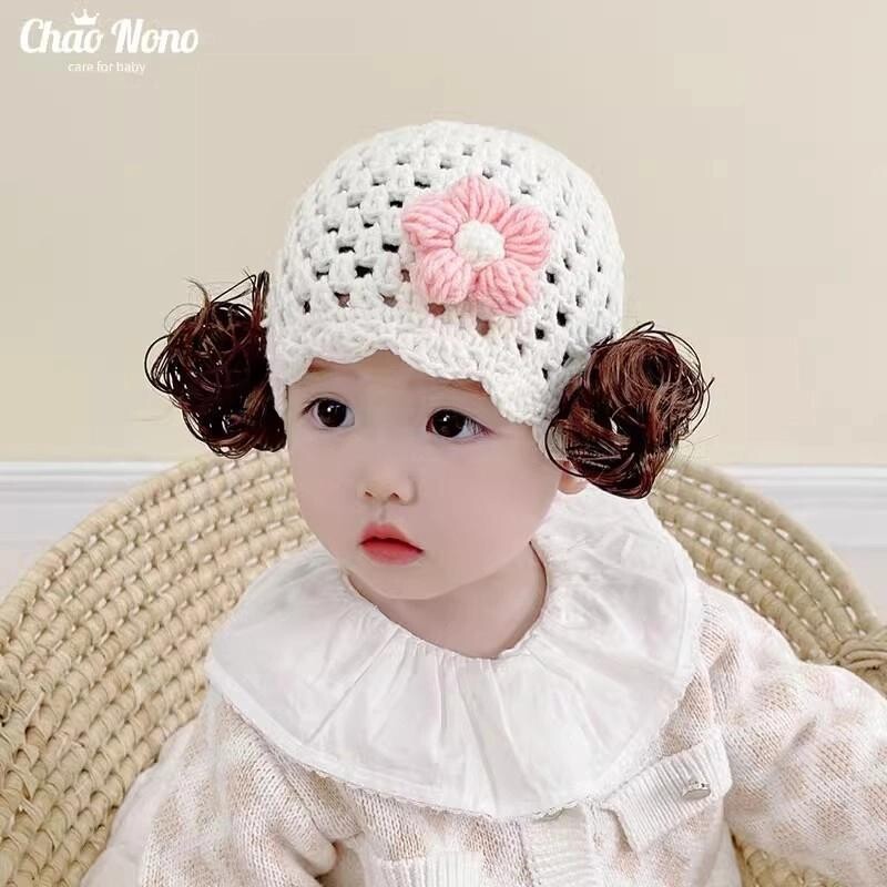 婴儿假发帽子女宝宝护囟门帽春夏韩版洋气公主手工儿童编织毛线帽图片