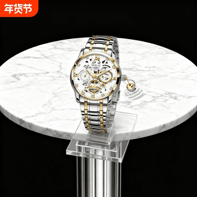 正品瑞士2024新款手表男士全自动机械风防水精钢带双日历男表夜光