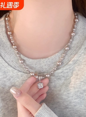 曼塔玫瑰方糖珍珠项链女款2025新款爆款锁骨链颈链配饰轻奢高级感