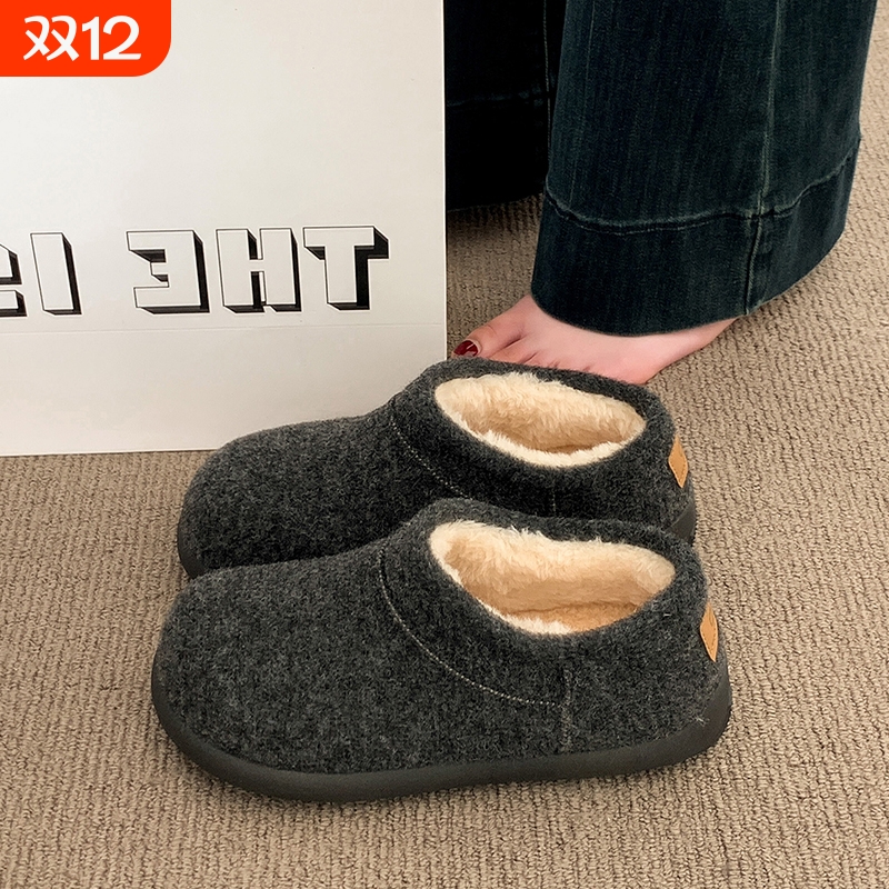 厚底灰色毛毡雪地靴女2025新款冬季女鞋子一脚蹬加绒保暖棉鞋平底