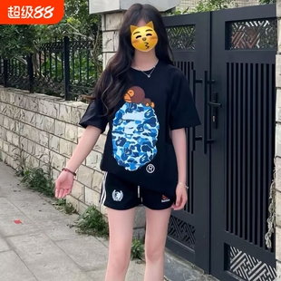 ape短袖t恤夏季男女学生潮牌纯棉猿人迷彩SHARK BAPE中大童亲子装