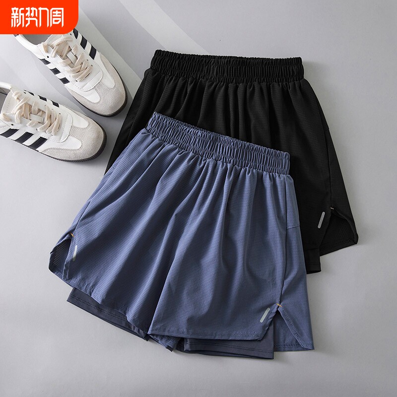 秋季瑜伽二合一运动短裤户外防走光女生跑步速干A字裤假两件大码