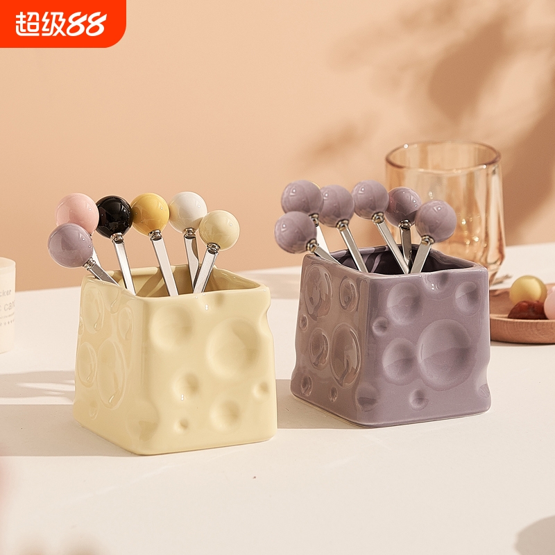 风创意水果叉子收纳罐陶瓷水果签家用套装高颜值勺子摆件食品级