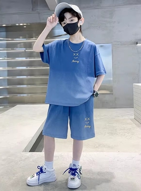男童运动套装2026夏季新款酷帅男孩帅气渐变短袖时髦夏装薄款蓝色