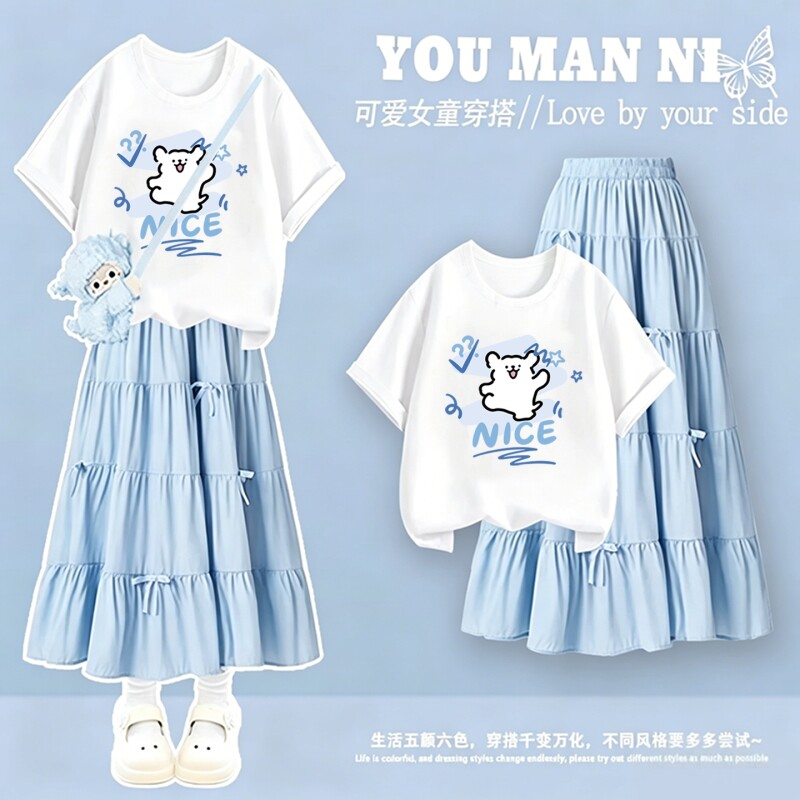 可爱线条小狗印花女童短袖T恤裙子套装甜美ins风中大童夏季上衣服图片