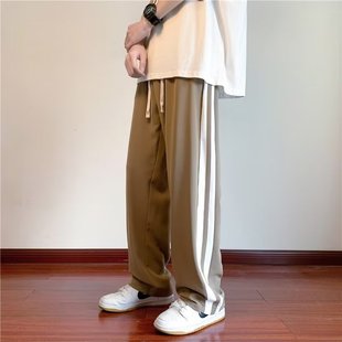 子男夏季 冰丝薄款 直筒男裤 男生 条纹裤 oversize宽松运动裤 休闲长裤