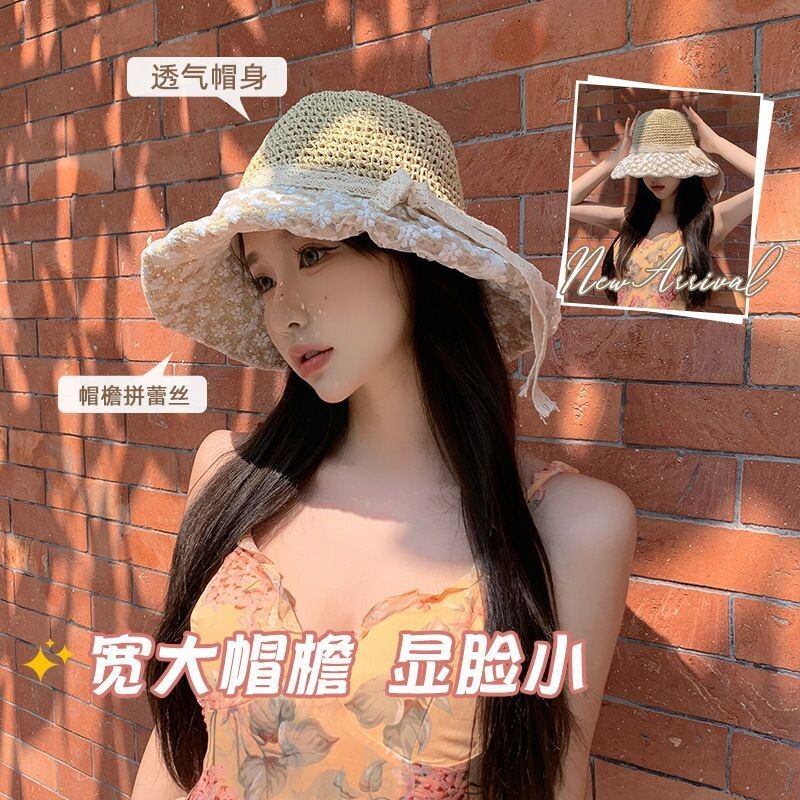 森女新款手工帽田园风森系法式蕾丝花朵遮阳网纱珍珠度假防晒帽