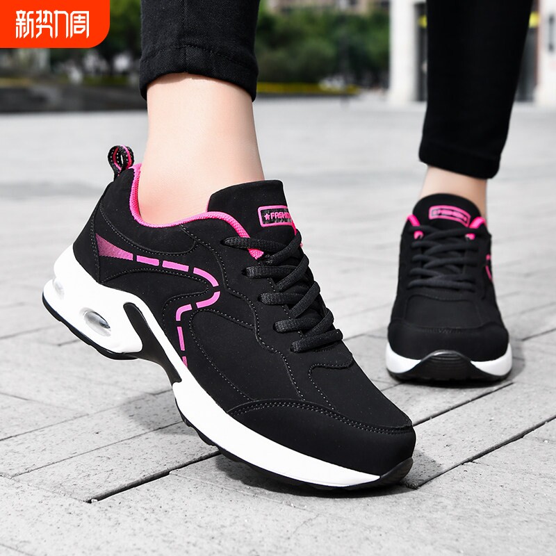 欧伦啄木鸟春秋气垫女鞋皮面防水运动鞋软底防滑休闲旅游鞋百搭黑