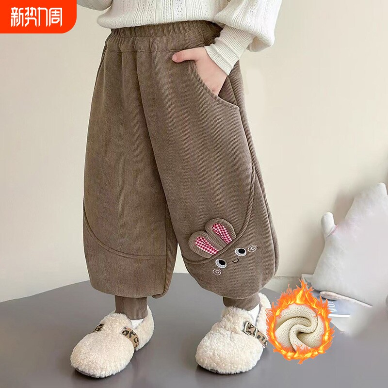 女童秋冬加绒一体绒裤子女孩休闲裤宝宝洋气儿童灯芯绒加厚裤黑色