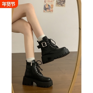 厚底英伦风马丁靴女款2025新款秋冬季增高黑色短筒靴子高跟粗跟