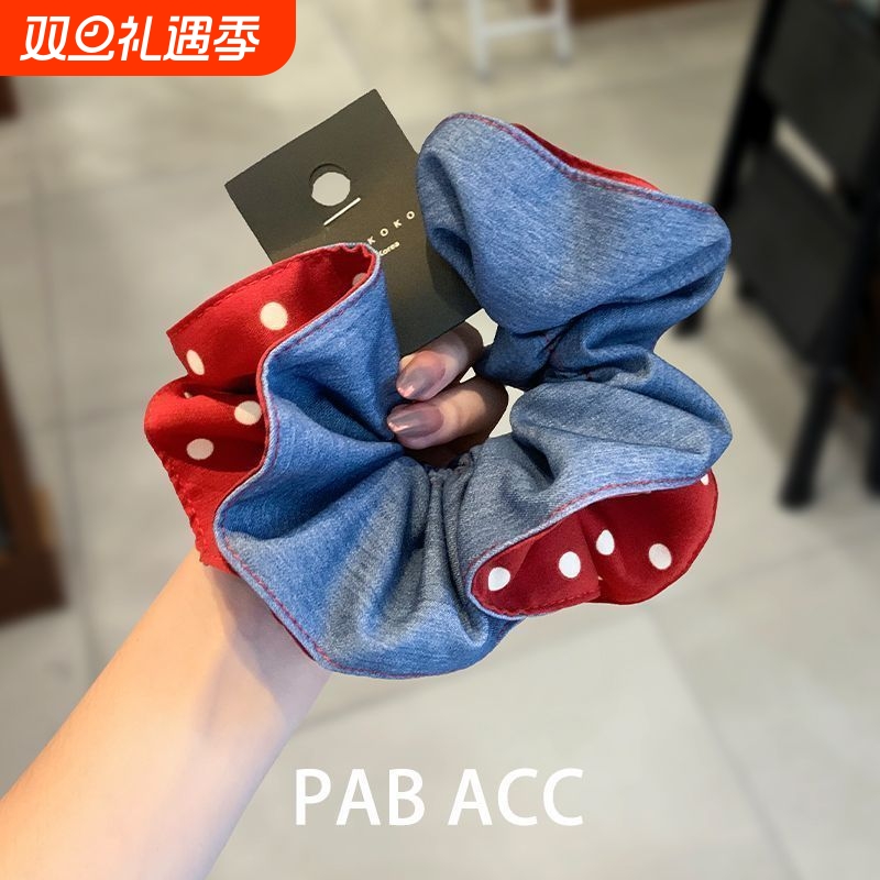 法式复古时尚波点蓝色牛仔布艺大肠圈头绳百搭淑女马尾发圈双层