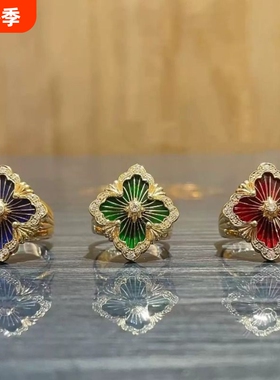 法式复古四叶草戒指金边浮雕红色珐琅指环气质小众百搭轻奢饰品