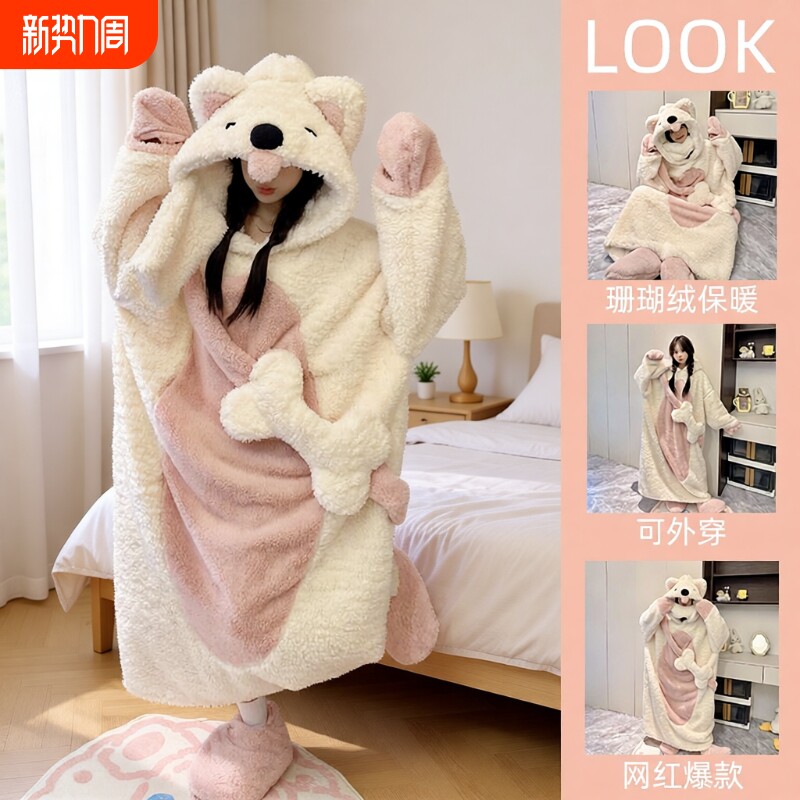 珊瑚绒睡衣女款2025秋冬季男士加厚睡裙可爱狗睡袍家居服加绒趣味