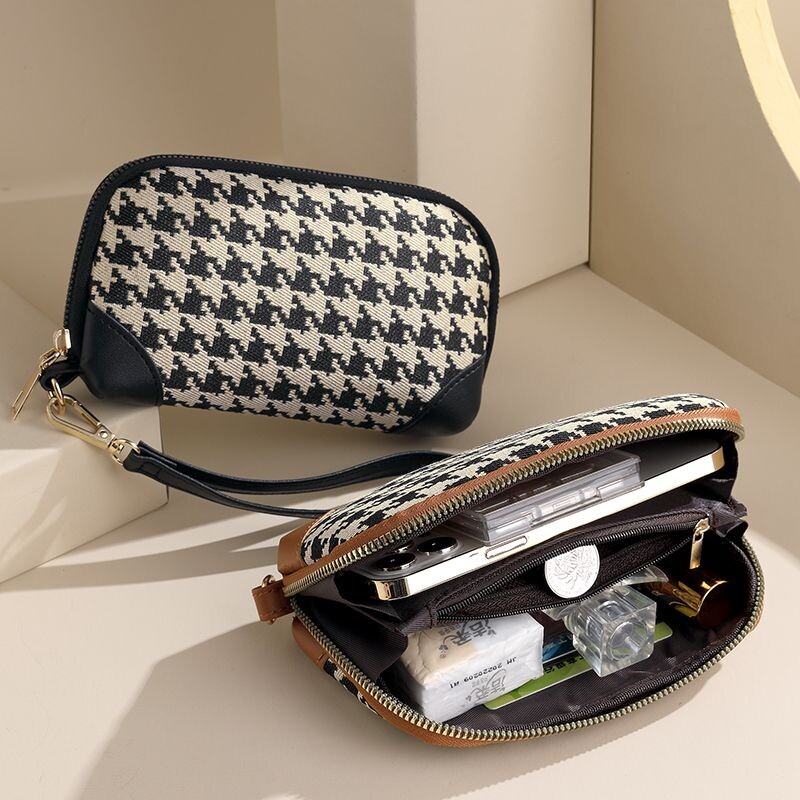 零钱包手腕手腕式帆布高级感气质手拿包手机小包大容量现金千鸟格