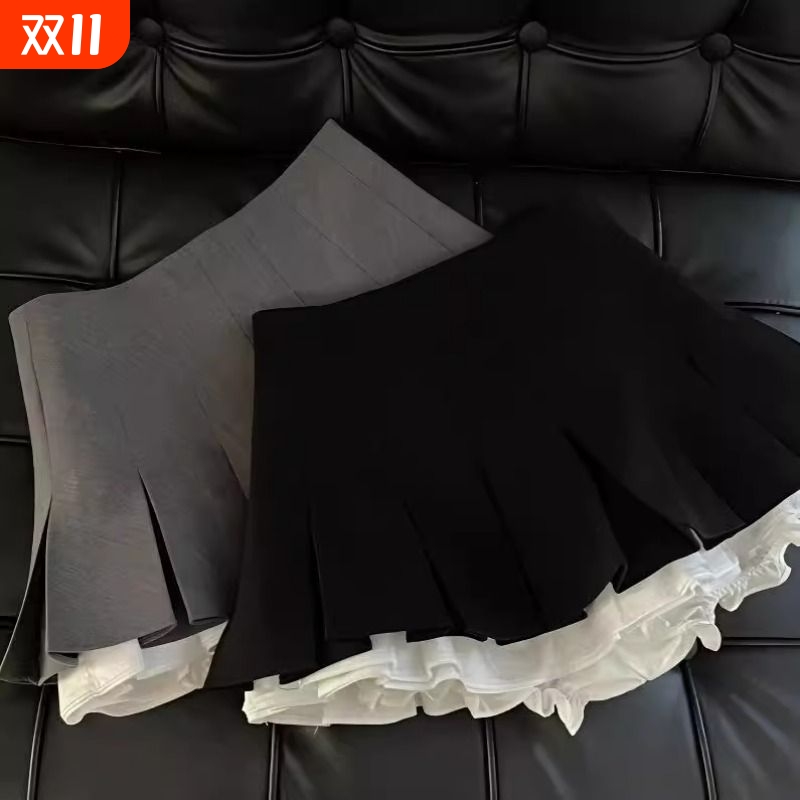 jennie同款拼接黑色百褶裙女2025春夏新款高腰显瘦辣妹a字半身裙