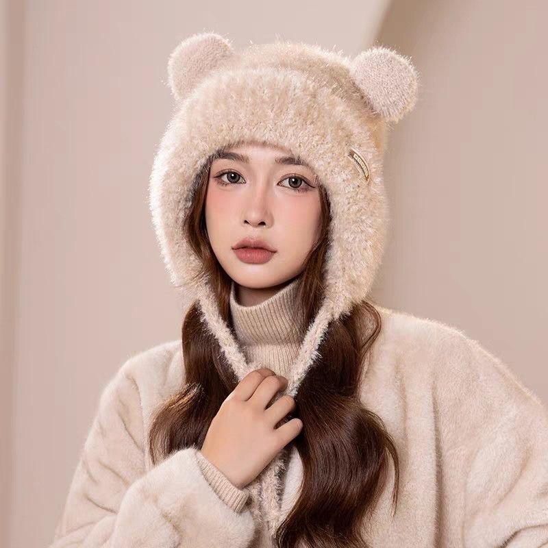 2025新款小熊帽子女士秋冬季保暖加厚防寒大头围显脸小针织毛线帽