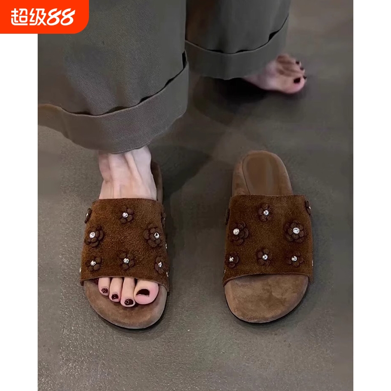 时尚水钻花朵露趾凉拖鞋女夏季外穿2025新款厚底反绒百搭拖鞋凉鞋