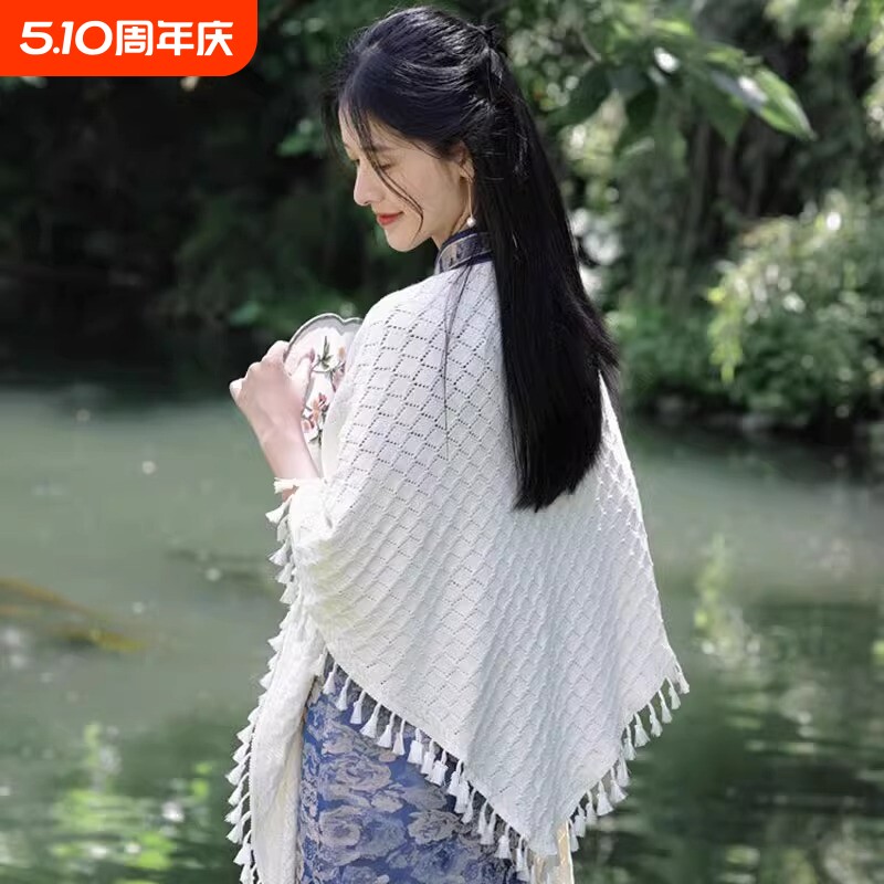 旗袍披肩外搭女2025新款搭配流苏披风米白色针织夏季薄款红色黑色