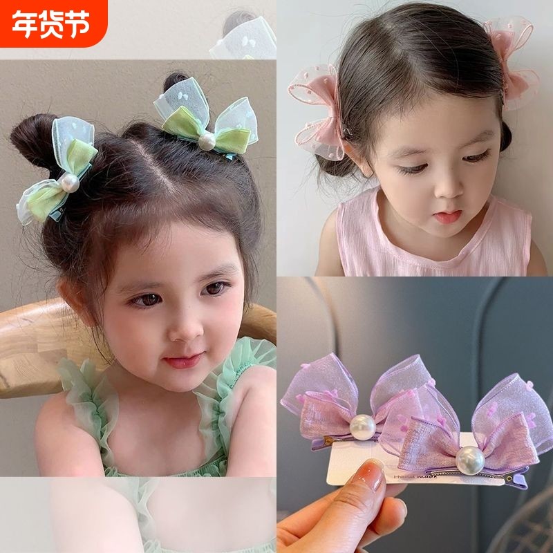 儿童珍珠蝴蝶结发夹女童粉色立体兔耳对夹小女孩小清新泡泡纱头饰