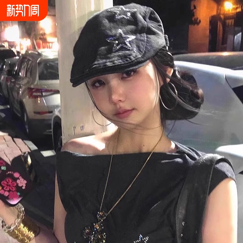 2025新款日系复古做旧星星牛仔前进帽女夏季辣妹显脸小鸭舌贝雷帽