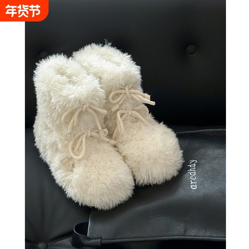 增高6cm~韩系小众蝴蝶结雪地靴2025冬季新款白色毛毛棉靴毛鞋绑带,女鞋,时尚雪地靴,淘宝优惠券,粉丝福利购,淘宝优惠卷
