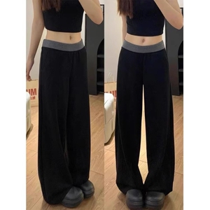 大码黑色拼接休闲运动裤女秋季新款胖mm高腰宽松显瘦阔腿拖地裤子