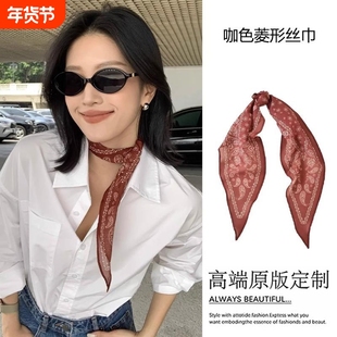 复古三角巾丝巾2025新款方巾腰巾搭配系脖配饰红色棕色粉色棉麻