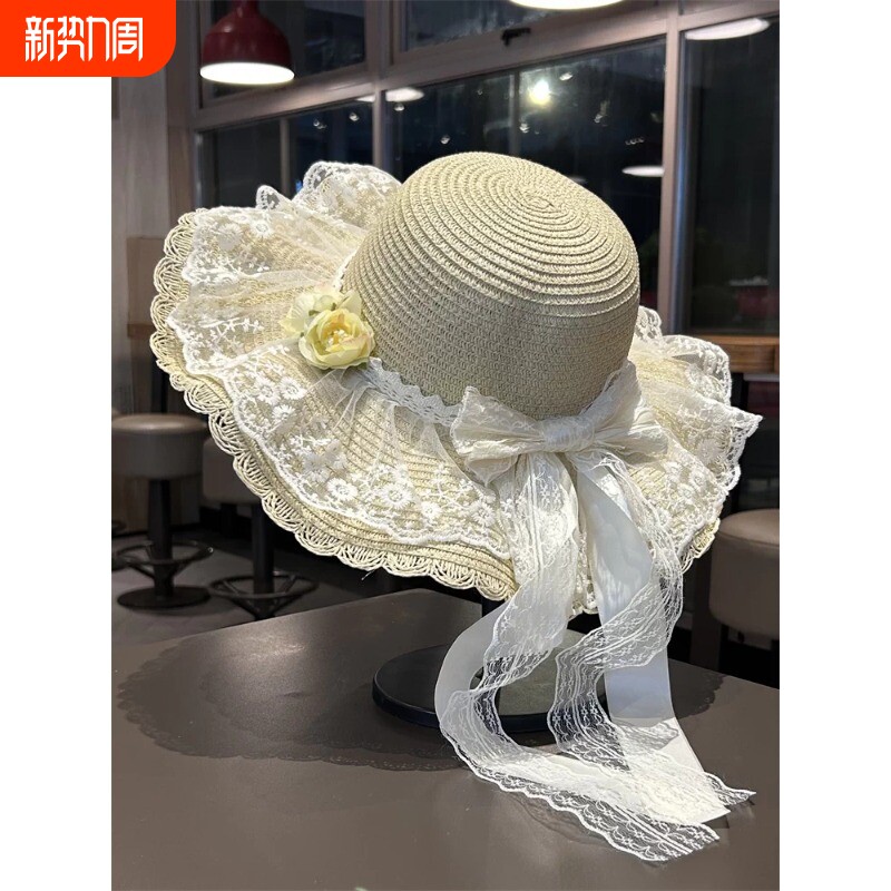 夏季海边沙滩草帽蕾丝蝴蝶结遮阳防晒帽防紫外线草帽子女可折叠