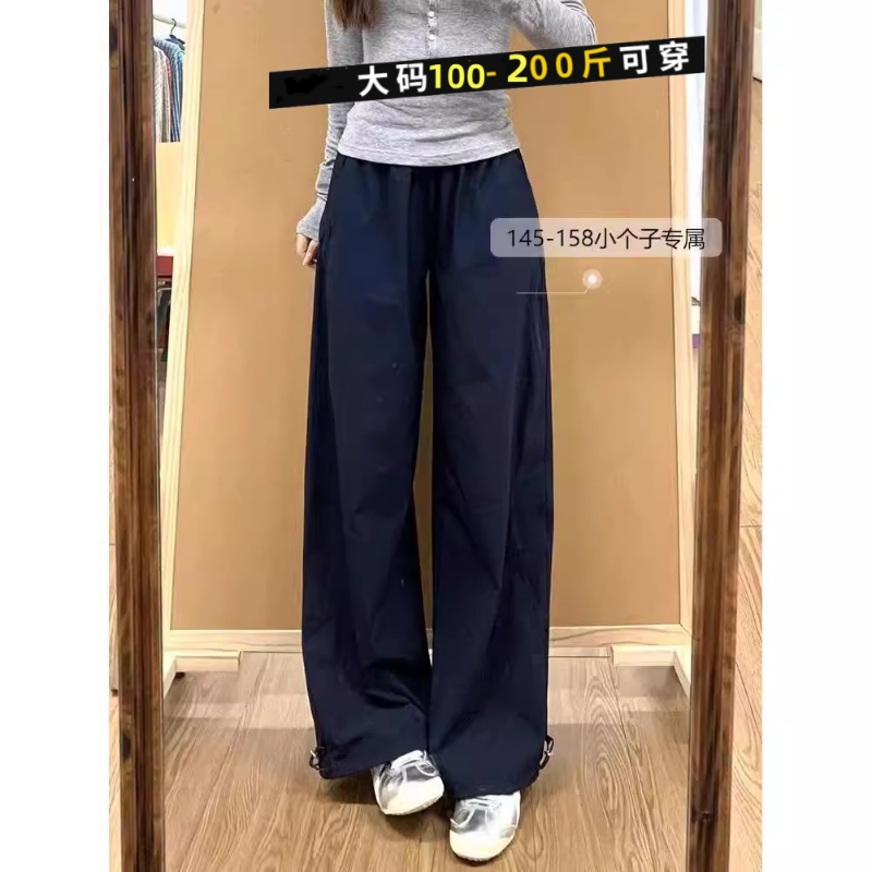 藏青色速干工装裤子女夏季新款高腰显瘦阔腿裤休闲风直筒裤大码