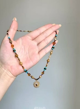 美拉德复古太阳花串珠项链高级感轻奢小众锁骨链民族风叠戴卫衣链