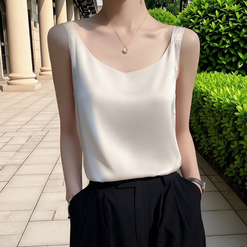 配西装醋酸吊带背心女内搭缎面打底真丝夏V领桑蚕丝白色黑色上衣