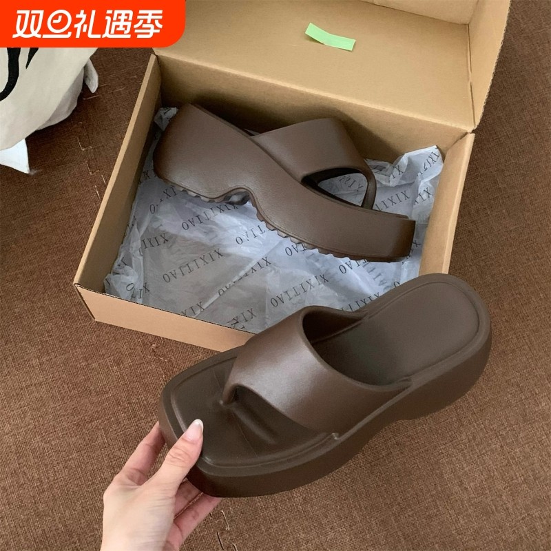 细细条 时尚防滑户外海边厚底沙滩夹脚凉拖方头增高8cm人字拖女夏