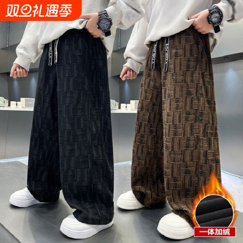 男童冬装裤子秋冬款2026新款一体绒保暖直筒裤中大童冬季运动长裤