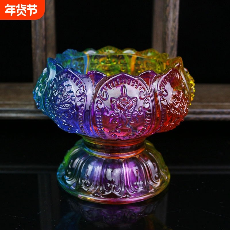 佛具七彩琉璃莲花蜡烛灯酥油灯座 供佛前八吉祥供灯防风烛台