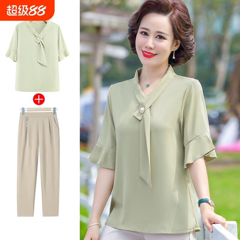中年妈妈夏装套装女洋气质雪纺长袖小衫短袖上衣中老年夏季两件套