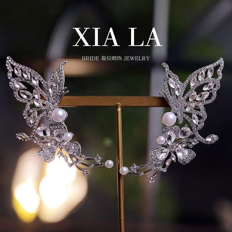 2025新款梦幻蝴蝶造型水钻超闪耳夹新娘婚纱耳饰礼服派对精灵耳挂