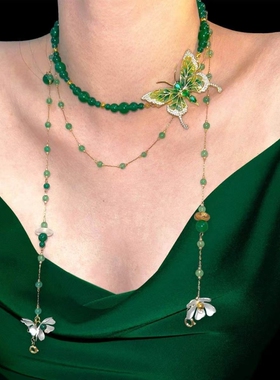 设计感时尚轻奢女士原创小众高级感叠戴长款项链绿色蝴蝶锁骨链