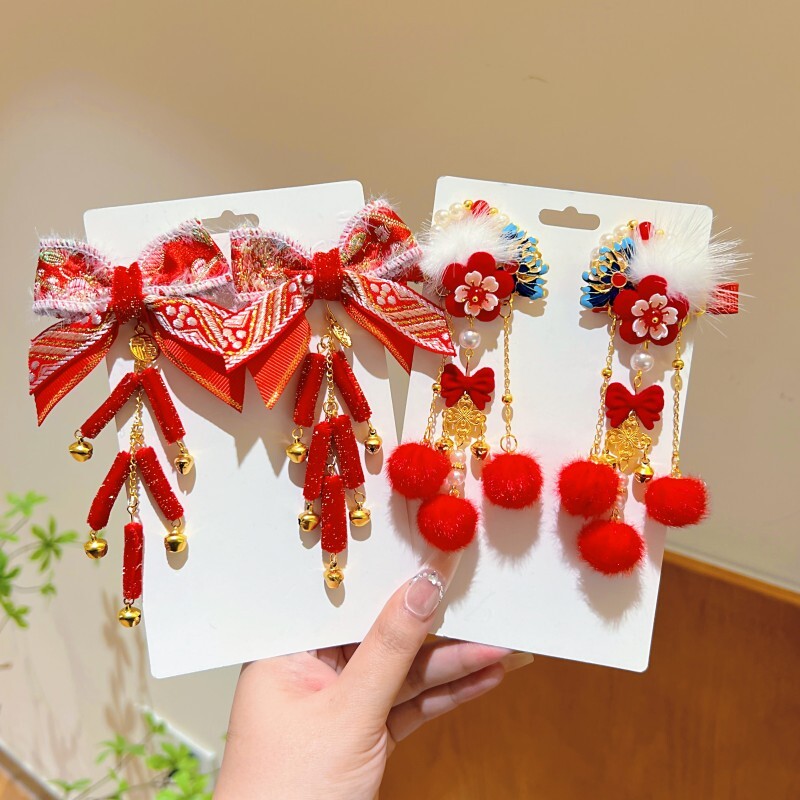 儿童新年大红色喜庆发饰中国风汉服头饰宝宝过年拜年服发夹蝴蝶结