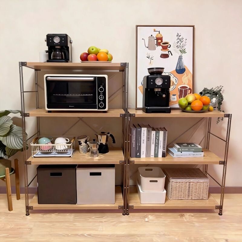 收纳储物微波炉架子日式钢木置物架落地多层客厅阳台书架家用厨房