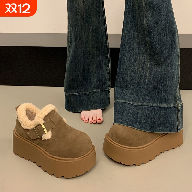 他她女孩增高加绒毛毛勃肯鞋女2024新款厚底雪地靴冬季乐福鞋单鞋