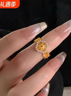 新中式金色花朵镶嵌红色锆石戒指女时尚轻奢优雅贵气珍珠镂空指环